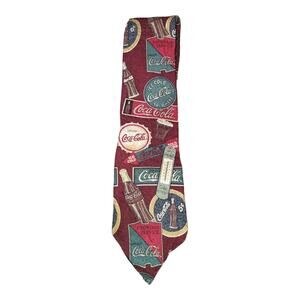 Vintage Coca Cola Silk Tie Burgundy Bottles Caps Signs Thermometer